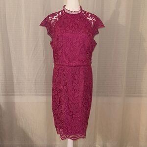 ModCloth 12 Pauline Pink Floral Lace Mock Neck Cap Sleeve Back Zip Shift Dress